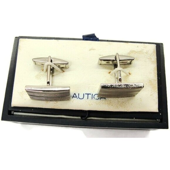 Nautica Rectangular Cufflinks Silver Tone Tux Shirt Dress Suit Vintage IOB - Picture 4 of 9